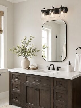 LNC Home Matte Black 3-Light Bathroom Vanity Light with Clear Glass Shades